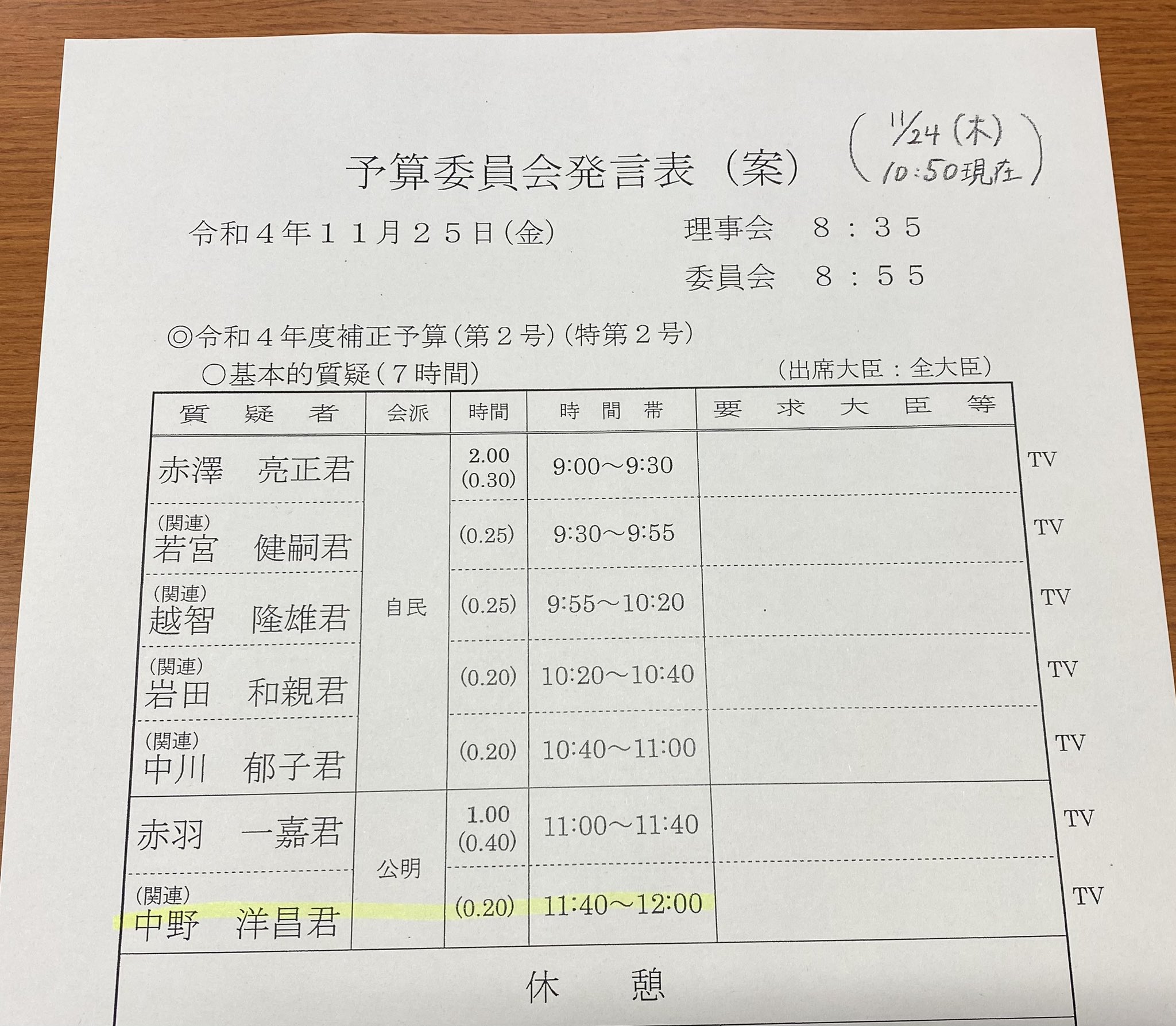 予算委員会のお知らせ
